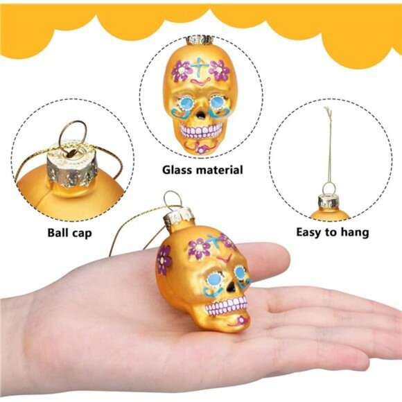 12 Pcs Day of the Dead Sugar Skull Glass Ornaments Halloween Tree Decorations - Picture 4 of 7